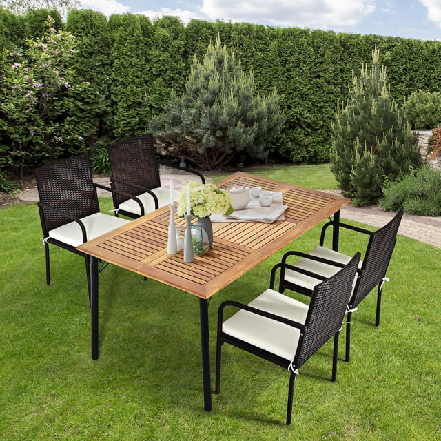Costway 5PCS Patio Rattan Dining Set Armrest Chair Wood Table Top Umbrella Hole