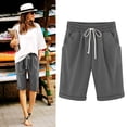 thumbnail image 2 of Pisexur Womens Shorts Solid Color Linen Shorts Adjustable Drawstring Elastic Waist Short Pants Summer Casual Knee Length Shorts Fashion Loose Oversized Bermuda Shorts with Pockets,S-5XL, 2 of 6