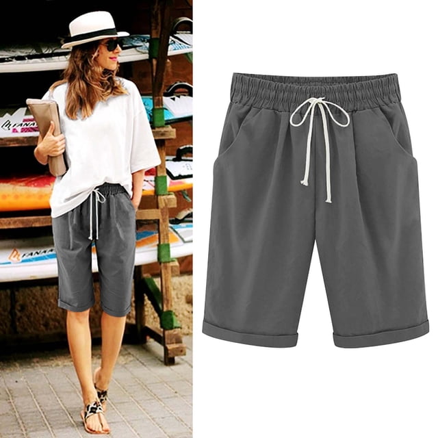 Soki Summer Shorts Womens Capris Solid Cotton Linen Casual Short