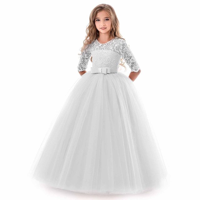 Robe Longue en Dentelle Florale pour Filles Manches 3/4 Robe de Soirée de Mariage Robe de Danse Formelle Argent