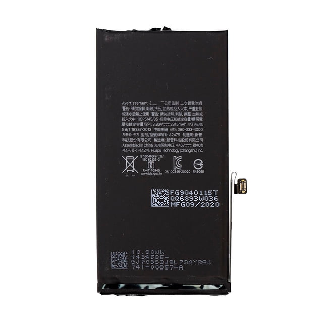 Replacement Battery 2815 mAh for Apple iPhone 12 and iPhone 12 Pro, designed for smartphone repair. Features a black rectangular body with printed specifications, QR codes, and a connector tab for professional installation. Compatible with Apple iPhone 12 and iPhone 12 Pro.