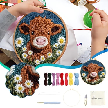 EGNMCR Trousse d'Aiguille à Poinçonner pour Débutants Dessins Animés Mignons Vache des Highlands avec Marguerites Broderie de Fleurs Ensemble d'Artisanat à Aiguille à Poinçonner une Broderie