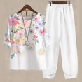 thumbnail image 2 of Mikilon Ensemble Élégant pour Femmes 2 Pcs Col Rond Manches Cinq-Quarts Haut Pantalon Impression Numérique Costume Deux Pièces Rose TP, 2 of 3