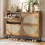 Conate Rattan Shoe Cabinet with 4 Flip Drawers, Modern 40 Pair Shoe Storage Cabinet for Entryway with Hidden Golden Handles