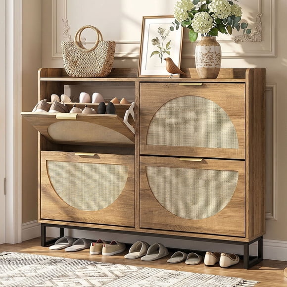 Conate Rattan Shoe Cabinet with 4 Flip Drawers, Modern 40 Pair Shoe Storage Cabinet for Entryway with Hidden Golden Handles