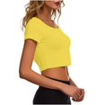thumbnail image 4 of VSSSJ Hauts Courts pour Femmes Manches Courtes Col Rond Extensible Chandail Décontracté Ajusté Uni Confortable Été Basique T-Shirts Courts Jaune Taille Unique, 4 of 5