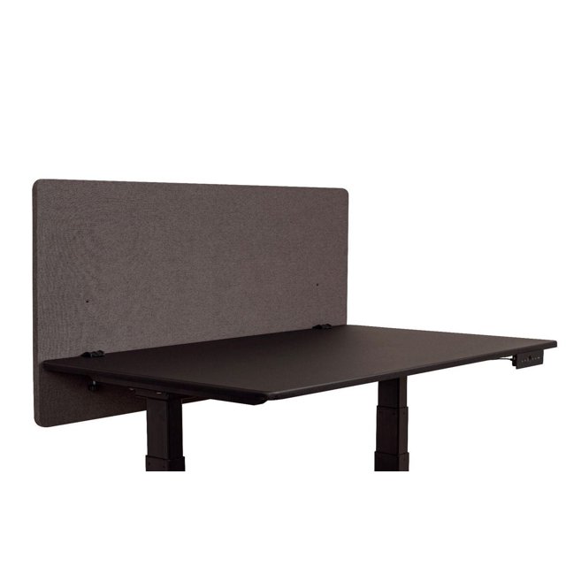 Luxor RECLAIM 48”W x 24”H Desktop Privacy Panel in slate gray fabric mounted on a black adjustable standing desk, designed to absorb ambient noise and provide privacy in open office spaces, also suitable as a modesty panel or workspace divider.