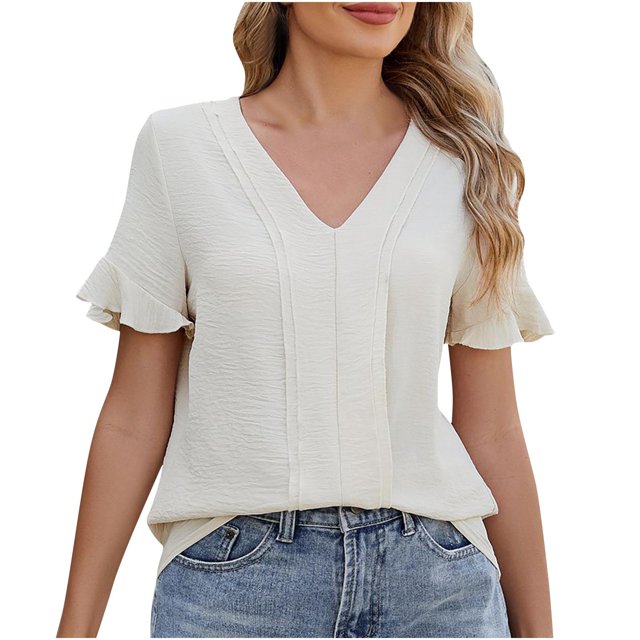 Timegard Summer Tops for Women V Neck Ruffle Short Sleeve Solid Color Casual Lightweight Top Blouse