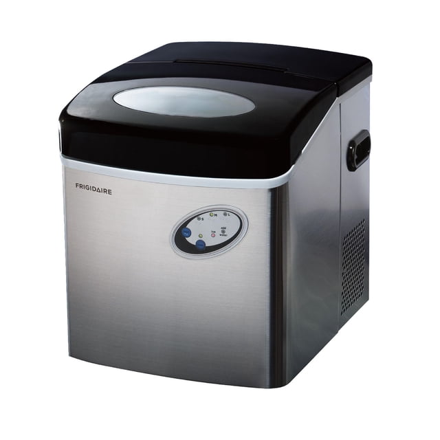 Frigidaire Machine à Glaçons Portative Compacte de Comptoir 48 Lb en Acier Inoxydable avec Dessus Noir et Fenêtre Ovale Transparente, Dotée d'Un Panneau de Commande à DEL avant pour Sélectionner la Taille des Glaçons, le Niveau d'Eau et les Indicateurs de Remplissage de Glace, Fonctionnant Silencieusement avec Refroidissement par Compresseur, Idéale pour la Maison Ou le Bureau.