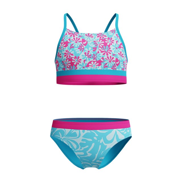 Speedo Girl's UV Protection Printed Colour Block Thin Strap Two Piece Bikini Set Swimsuit - Picton Blue, Size 16