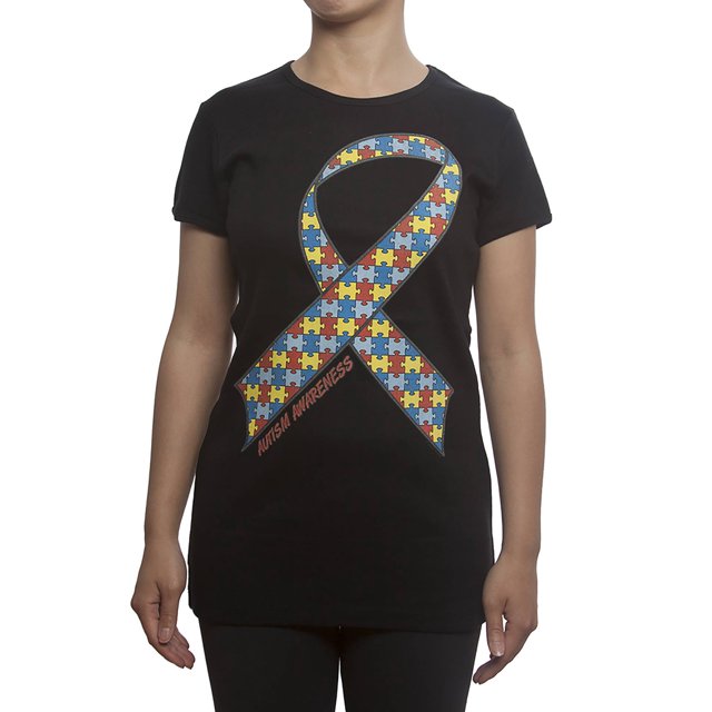 T-Shirt à Manches Courtes pour Femmes Autism Awareness avec Ruban - Noir - 2X-grand