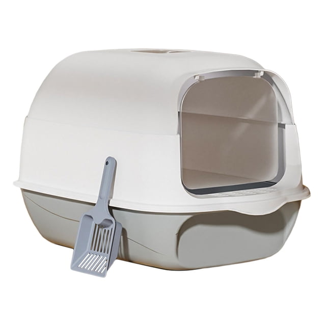 Bunblic Fully Covered Cat Litter Boxes Detachable for Small Animals Kitten Potty Pan Gray. This enclosed litter box features a foldable and portable design for easy storage and travel. Made of durable PP material, it includes a deep basin to prevent litter scatter and a transparent swinging door for odor control and monitoring. The gray litter box measures 50cm x 35cm x 35cm and comes with a matching scoop for easy cleaning.