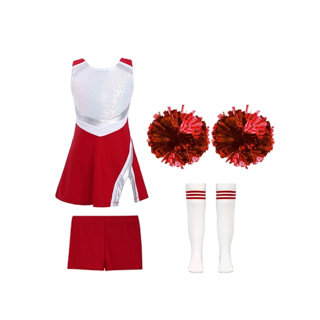 Oyolan Filles Enfants Ensemble 4 Pcs Costume de Cheerleading avec Shorts Pompons Chaussettes Ensemble Robe de Danse de Lycée Tenue de Cheerleader A Rouge 12