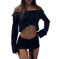thumbnail image 1 of Gupgi 2Pcs Women Knit Outfits, Solid Color'Stripe Off Shoulder Crop Tops + Elastic Waist Shorts Set, 1 of 7