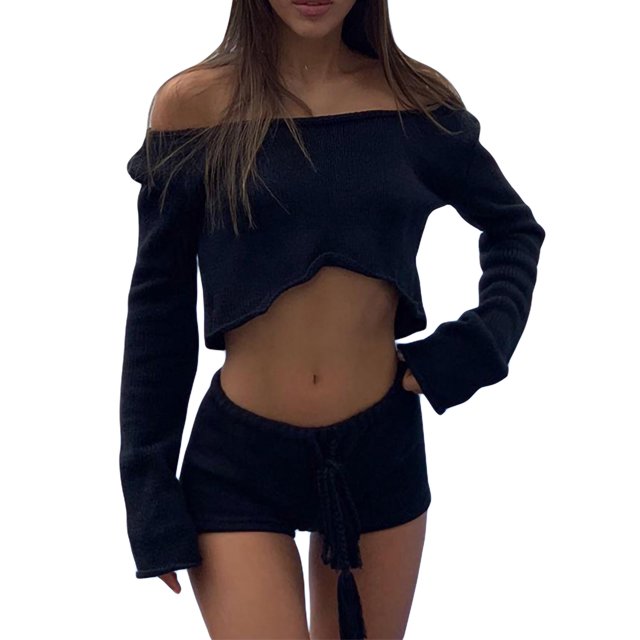 Gupgi 2Pcs Women Knit Outfits, Solid Color'Stripe Off Shoulder Crop Tops + Elastic Waist Shorts Set