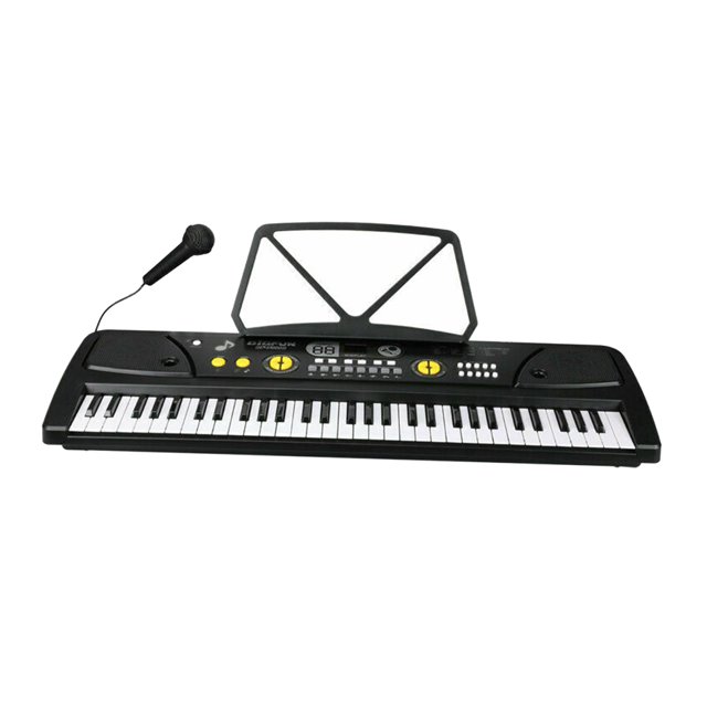 Electronic Piano Keyboard 61 Piano with Mic Keyboard AU featuring 61 standard accordion keys, a black finish, and a compact design measuring 73 x 22.8 x 6.5 cm. Includes a mini microphone, large stand, and AUX input for connecting mobile devices or MP3 players. Rechargeable Li-ion battery provides up to 10 hours of playtime per charge. Suitable for beginners and experienced players, often used as a children's digital music piano keyboard.