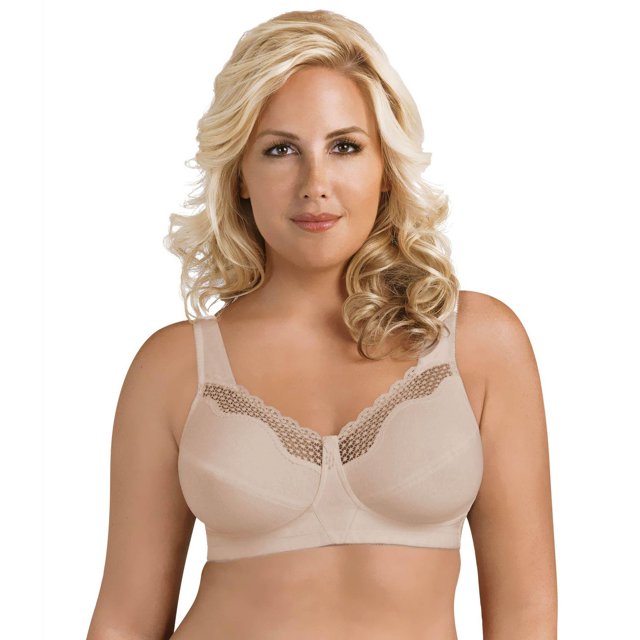 Exquisite Form #9600535 FULLY Cotton Soft Cup Full-Coverage Bra in beige, front view featuring wire-free, full-coverage soft cotton cups with lace trim, wide adjustable straps, and a supportive U-shaped back panel designed for comfort and all-day support for full-figured women.