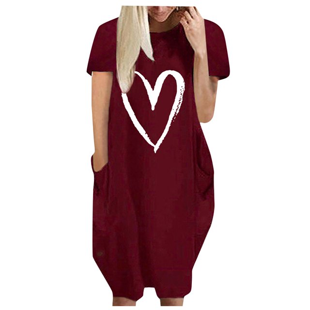 Pisexur Robe Maxi pour Femme Grande Taille Été Décontractée à Imprimé Cœur à Manches Courtes Col Rond Ample Unie Chemise de Nuit Plissée Robe de Sommeil Confortable avec Poches