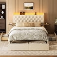 thumbnail image 4 of GUNAITO Cadre de Lit Grand Size avec 4 Tiroirs de Rangement, Revêtement en Velours, Éclairage DEL avec Ports USB et DEL Intégrés, Tête de Lit à Oreilles Moderne avec Rangement Latéral, Beige, 4 of 10