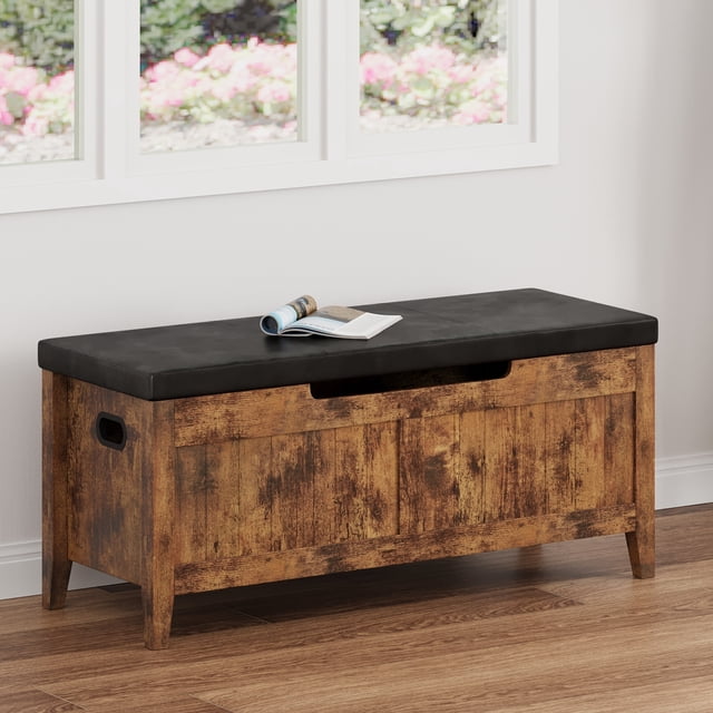 EDTara Lift-Top Wooden Storage Bench, Entryway Chest With Padded Cushion and Secure Safety Hinges