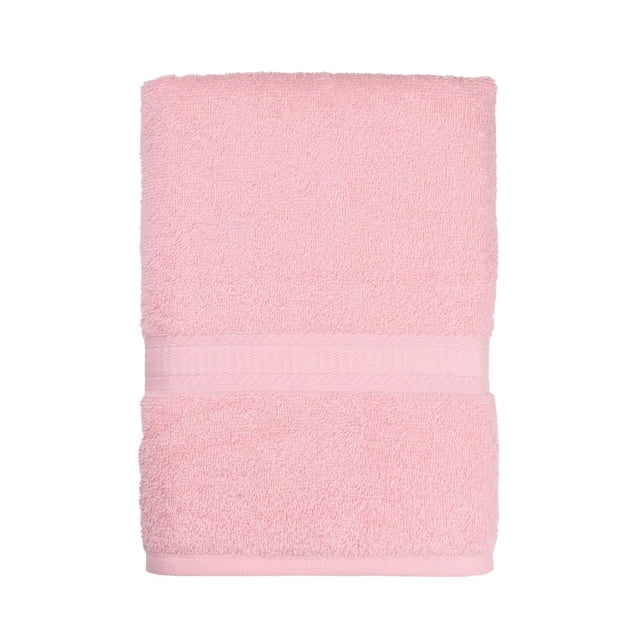 Mainstays Basics Solid Bath Towel in pink, folded with visible cotton terry texture and a woven band, made from 100% cotton for softness and absorbency, suitable for everyday bathroom use.
