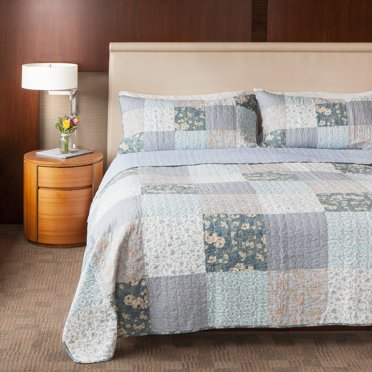 SLPR Wildflowers Cotton Quilt Set - King Size with 2 Shams, Blue Gray Floral Pieced Patchwork Design, Country Quilted Bedspread with Flower Pattern, Cottage Style Bedding for All Seasons