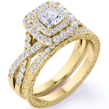 JeenMata 1,25 ct - Moissanite Carrée - Double Halo - Anneau Torsadé - Inspiré Vintage - Pavé - Ensemble d'Alliances en Placage Or Jaune 18K pour Femmes