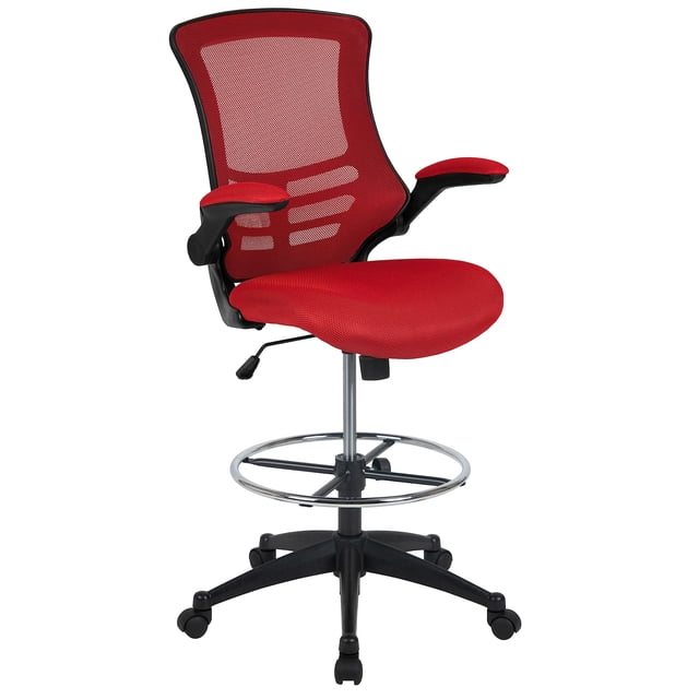 EMMA + OLIVER Mid-Back Red Mesh Ergonomic Drafting Chair with Foot Ring and Flip-Up Arms