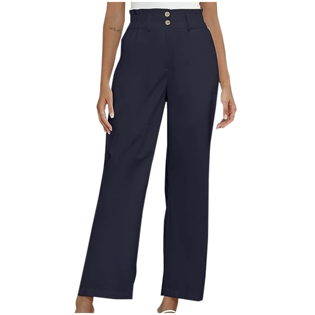 Timegard Lounge Pants for Women Elastic Waisted Button Straight Leg Ruched Casual Trousers with Pockets