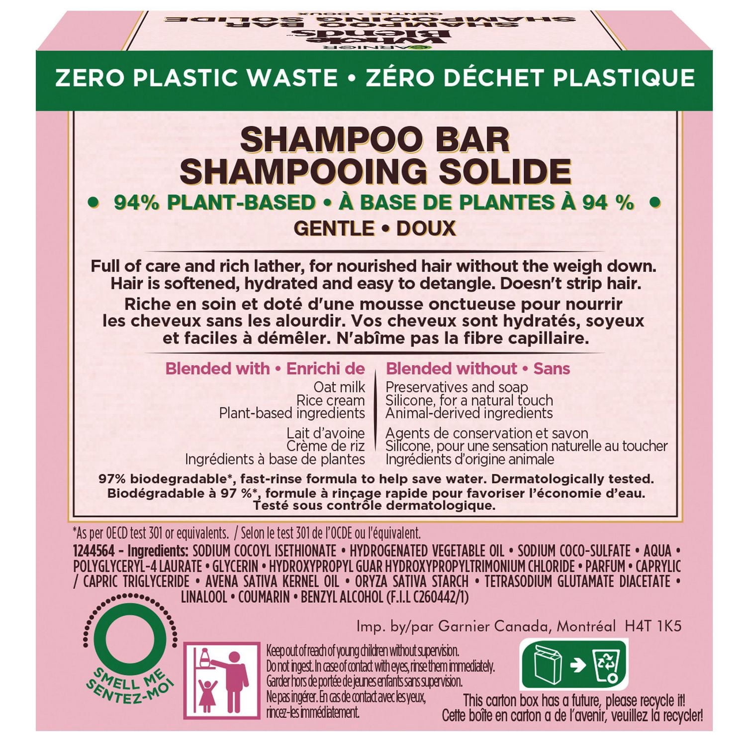 Garnier Whole Blends Shampooing Solide doux Délicatesse d'avoine pour cheveux fragiles, Emballage zéro plastique,  sans agents de conservation, sans silicone, sans savon ni pigments, avec crème de riz