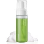 celimax Noni Bubble Cleanser, a 155ml mild formula face wash for sensitive, oily, dry, and combination skin. The green translucent bottle with a white pump dispenser is surrounded by airy foam, highlighting its self-foaming formula. Designed for deep cleansing, calming, and soothing acne-prone skin.