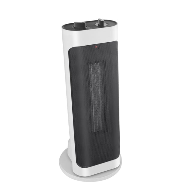 Ecohouzng Tower Ceramic Fan Heater in white with black mesh front grille covering the ceramic heating element, featuring two black control knobs on top for heat settings and thermostat, a circular base for stability, LED temperature display, and oscillation for efficient home heating.