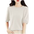 thumbnail image 2 of AherBiu Hauts d'Été pour Femmes Col Rond Manches Mi-Longues Chemises Unies Décontractées Coupe Ample T-Shirts Basiques Blouses, 2 of 4