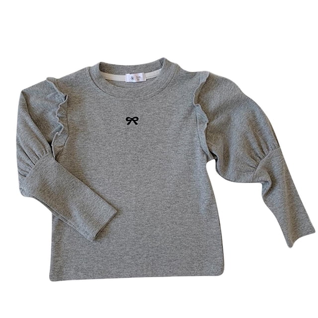 vdgthytj Toddler Baby Girls Long Sleeve Shirts Cute Ruffle Bowknot Embroidered Crew Neck Basic Tops Layering Tees