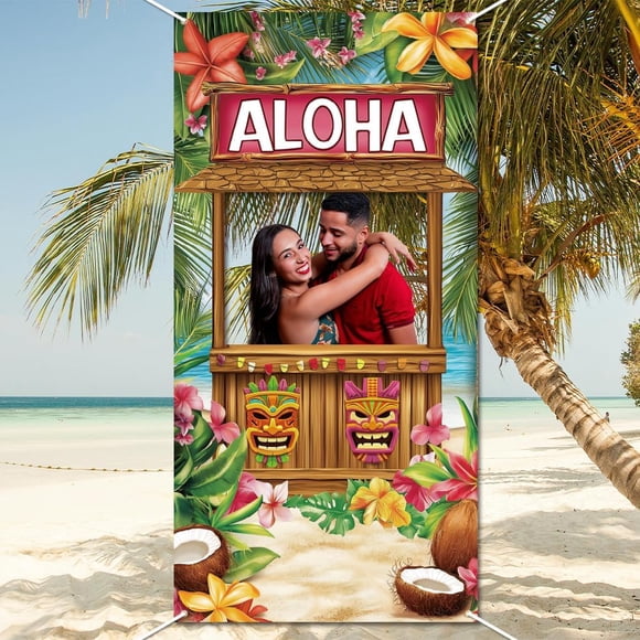 Luau Photo Door Banner Hawaiian Aloha Party Decoration Large Fabric Tiki Bar Photo Booth Backdrop Hawaiian Party Banner Tropical Beach Photo Prop for Birthday Luau Beach Party 35.43x70.87 Inch