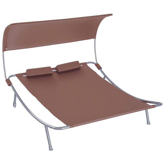 Outsunny Chaise Longue d'Extérieur de 79 Pouces avec Auvent avec Oreiller et Roues, Brun. Cette Chaise Longue d'Extérieur pour Deux Personnes Présente un Cadre en Acier durable avec un Lit en Tissu oxford Brun et un Auvent Amovible pour protection UV. Comprend Deux Oreillers Rembourrés pour Plus de Confort et Deux Roues pour une Mobilité Facile. Convient aux Jardins, patios Ou au Bord de la Piscine.
