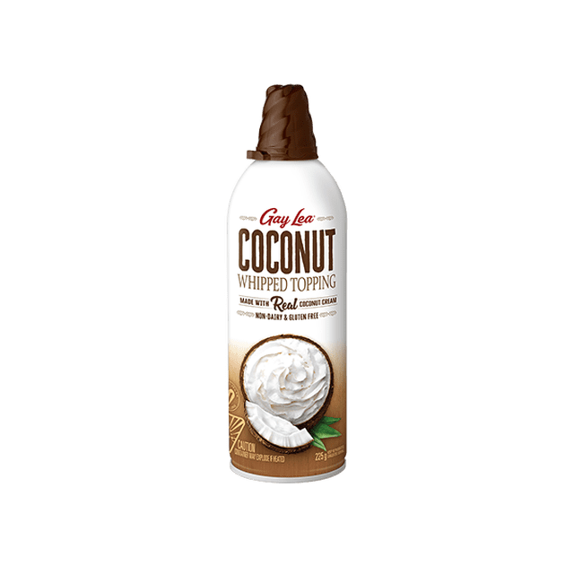 Gay Lea Real Coconut Whip Cream 225g in a white aerosol can with a brown cap, labeled as coconut whipped topping made with real coconut cream, lactose-free, dairy-free, gluten-free, and vegan, suitable for pancakes, waffles, desserts, and drinks.