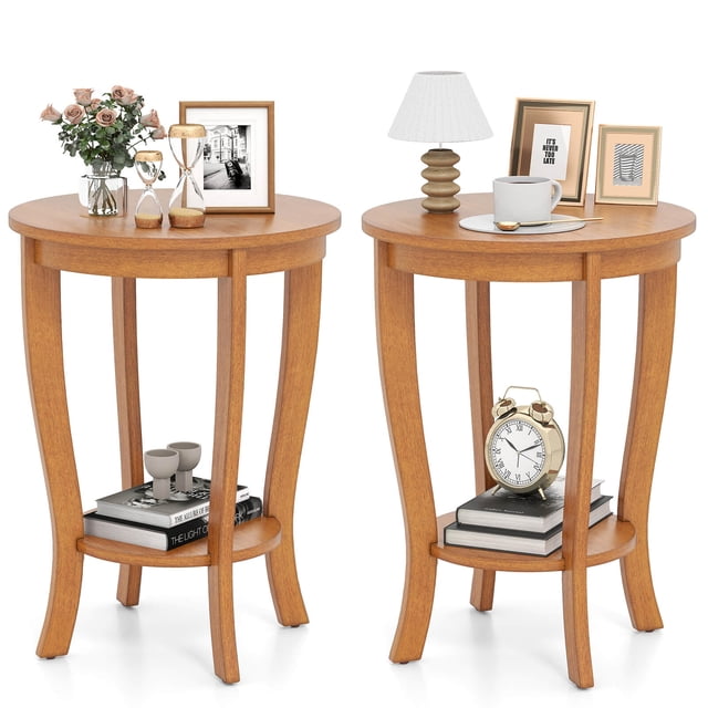 Costway 2 PCS 2-Tier End Table 18" Round Compact Sofa Side Nightstand with Storage Shelf Light Brown
