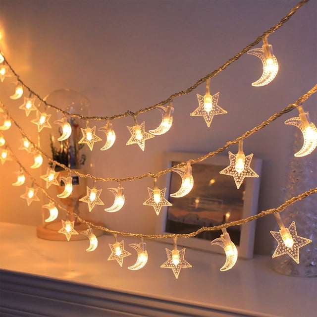 Eoozwa 40 LED Star & Moon Fairy Lights, Battery Operated String Lights with Remote Control for Bedroom Wall Camping Tent Decor, 236-Inch Waterproof for Independence Day Patriotic Decorations