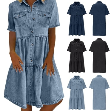 Sentmoon Robes de Cocktail pour Femmes Travail Manches Courtes Robes de Bal 2026 Couleur Unie Denim Respirant Coupe Ample Robe-Chemise Essentiels pour la Plage pour Concert et Rave TTG