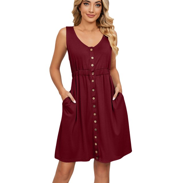 Birdeem Robe Sans Manches à Col en V Unie avec Poches pour Femmes