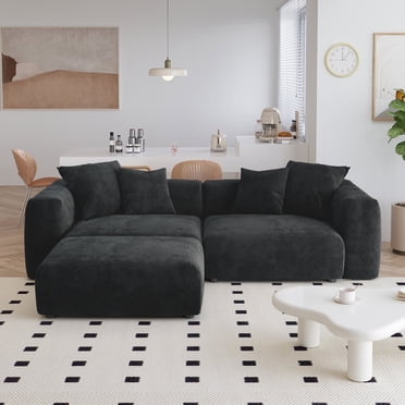 The Magic Home 2-Seater Convertible Modular L-Shaped Corduroy Sectional Sofa, Black