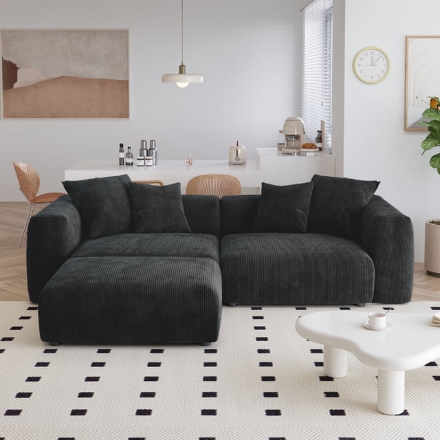 The Magic Home Canapé de Coin Convertible Modulable 2 Places en Velours Côtelé Noir,