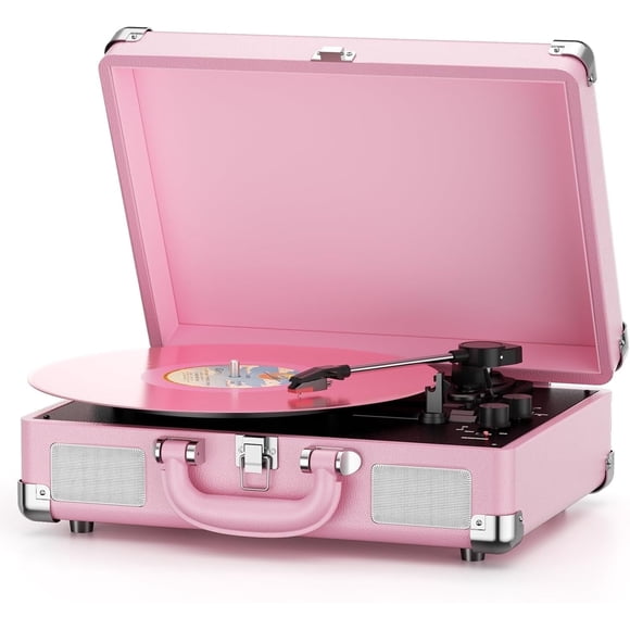 DIGITNOW Tourne-Disque 3 Vitesses avec Haut-Parleurs Stéréo Intégrés, Design Valise - Rose