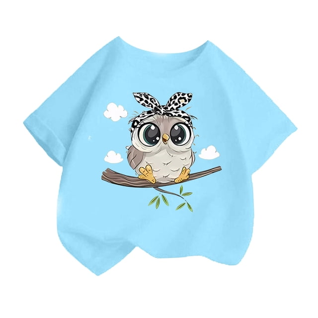 Chemises Filles Imprimé Mignon Col Rond Manches Courtes Tee Été Mode Ample Vêtements Bébé Filles Bleu 8-10 Ans