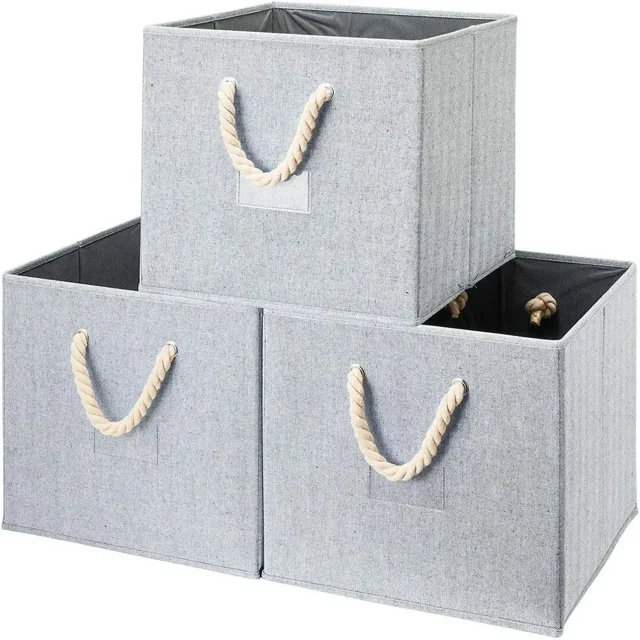 Bacs Cubes de Rangement Pliables en Tissu avec Poignée en Corde de Coton, Ensemble de 3 Paniers Boîtes Pliables et Résistants pour la Maison, le Bureau et les Soins Infirmiers
