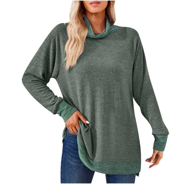 Timegard Tops for Women High Neck Long Sleeve Side Split Color Block Tshirts Fall Casual Loose Tops