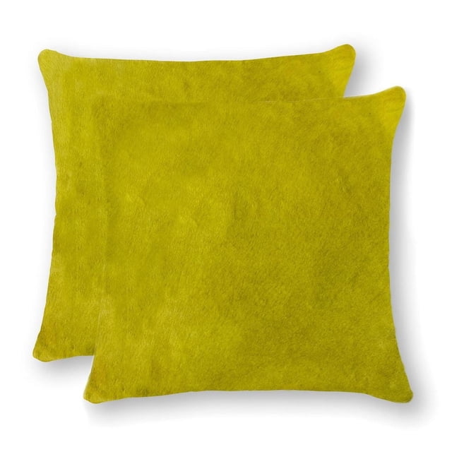 TORINO COWHIDE PILLOW 18"X18" 2-PACK showing two yellow square pillows made from 100% natural Indian cowhide with a soft texture, hidden zipper closure, and polyfil insert, designed for decorative layering and adding warmth to home décor.