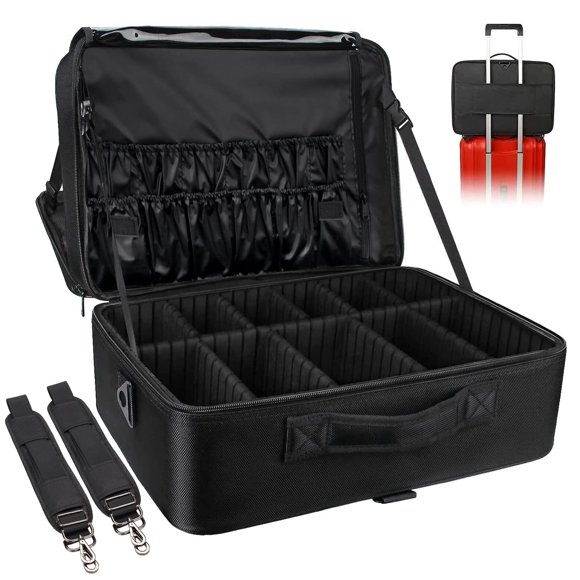 Relavel Grand Organisateur de Maquillage Sac de Maquillage Professionnel Étui de Maquillage Très Grand avec Séparateurs Ajustables, Ceinture à Angle Fixe Ajustable et Bandoulière