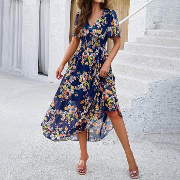 LOVZFMLL New Women's Elegance-neck Printed Waistband Short Sleeve Dress Navy L